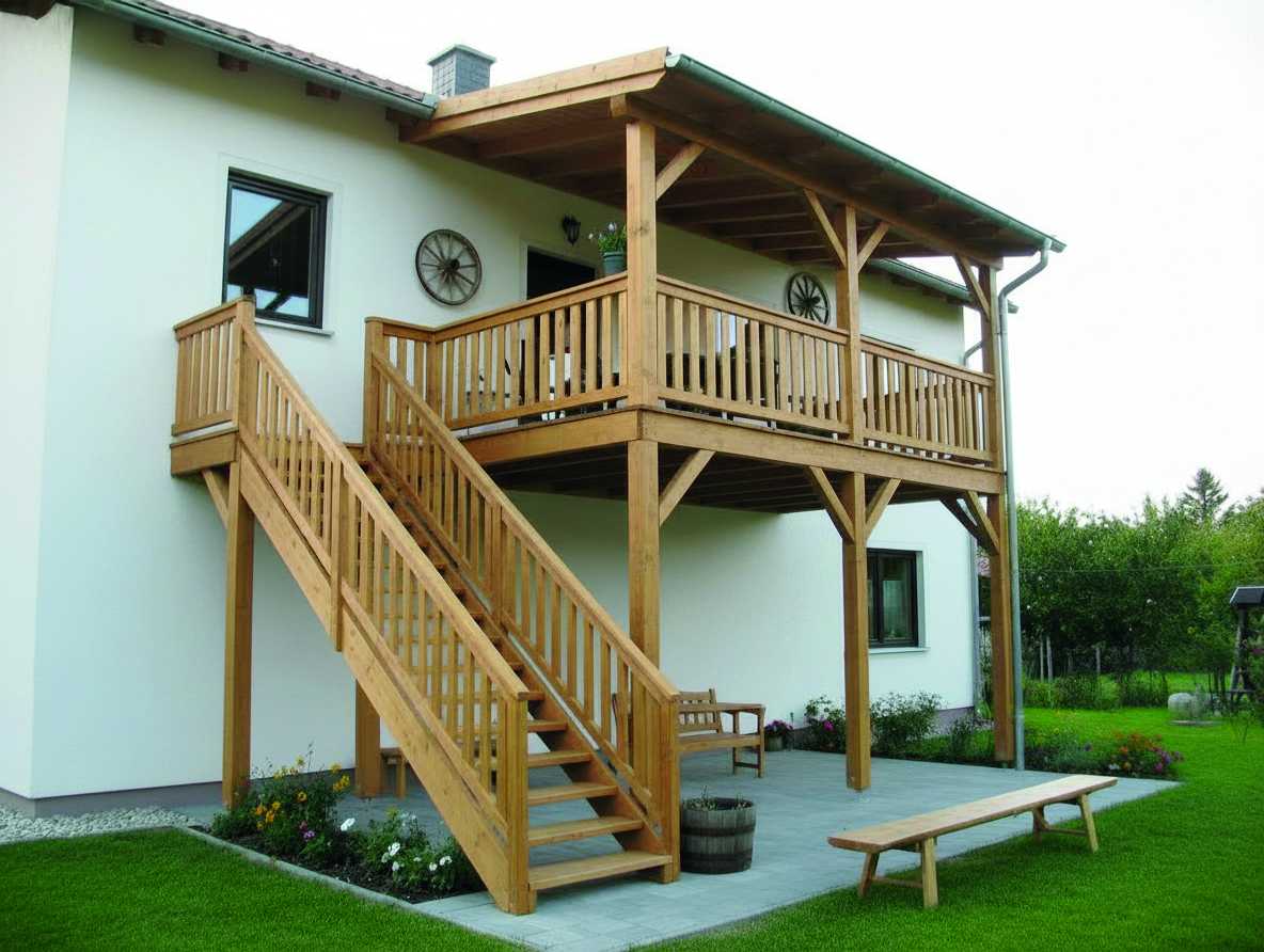 Holzbalkon mit Außentreppe