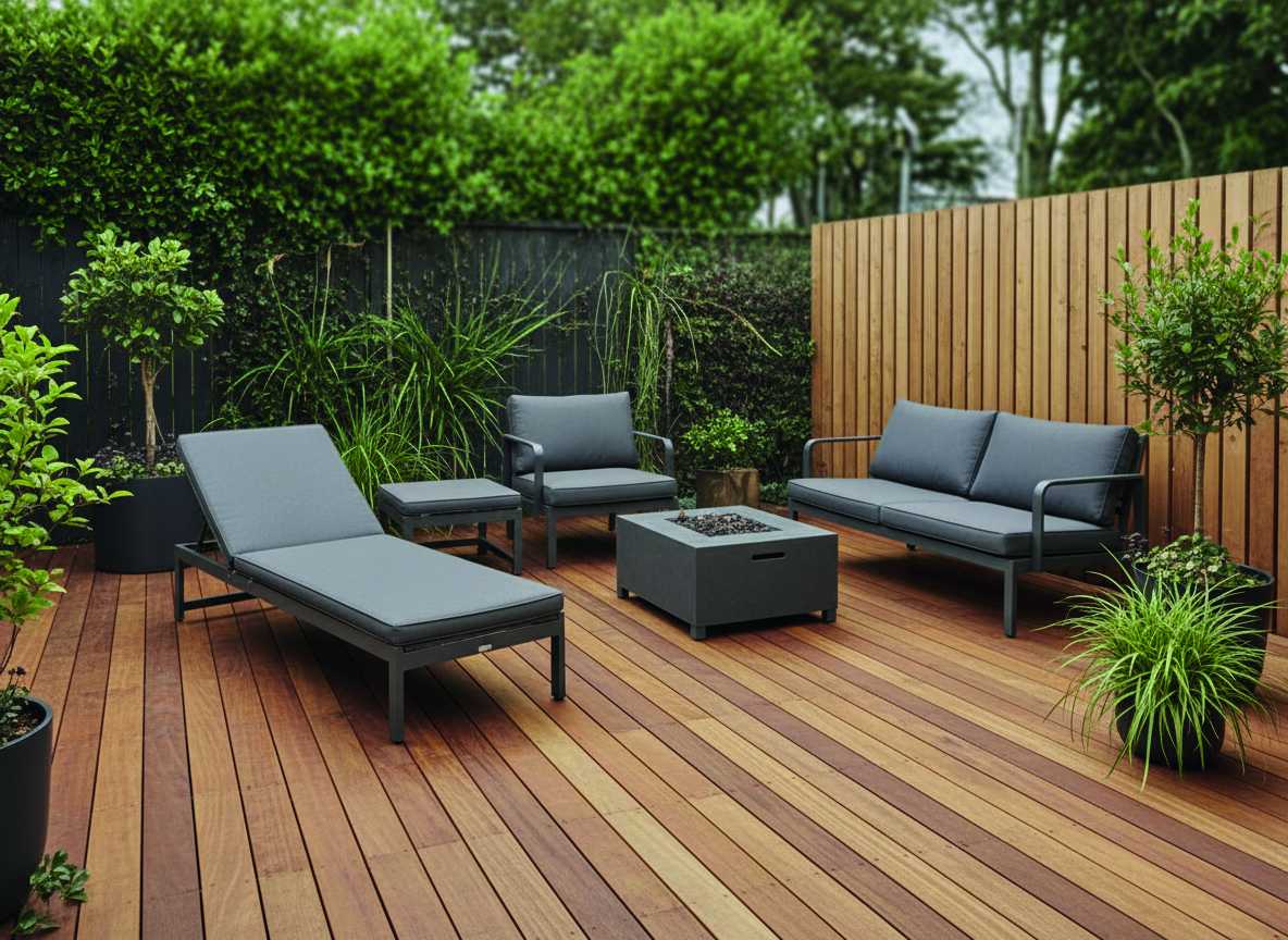 Holzterrasse mit Gartenmöbeln